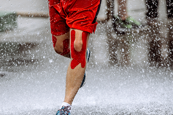 athlete runner knee kinesio tape running water splashes and drops